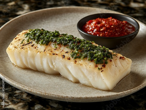 Grilled Cod with Herb Pesto: A tantalizingly fresh, close-up shot of grilled cod fillet, artfully presented with a vibrant green herb pesto and a dollop of fiery red sauce on the side. photo