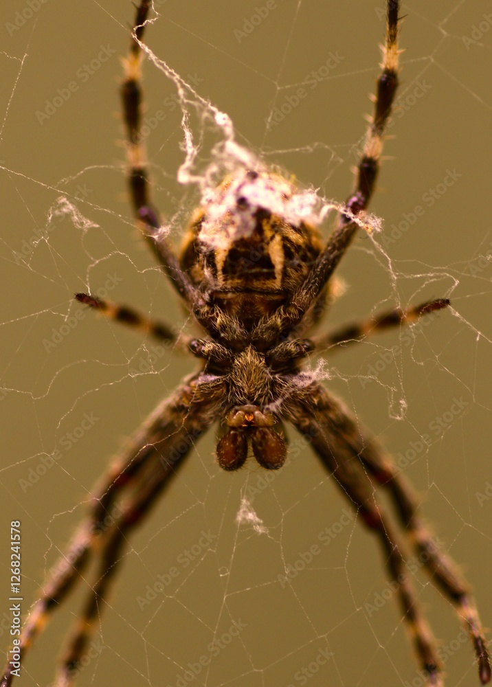 A spider carefully constructs its web, showcasing delicate strands intertwined amidst a serene natural backdrop. The soft light highlights its intricate patterns and details A spider carefully constructs its web, showcasing delicate strands intertwined amidst a serene natural backdrop. The soft light highlights its intricate patterns and details