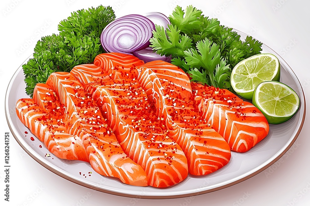 Salmon Sashimi Platter: Fresh salmon sashimi slices are artfully arranged on a plate, garnished with vibrant red chili flakes, lime wedges, and fresh parsley and onion. A culinary delight. Salmon Sashimi Platter: Fresh salmon sashimi slices are artfully arranged on a plate, garnished with vibrant red chili flakes, lime wedges, and fresh parsley and onion. A culinary delight.