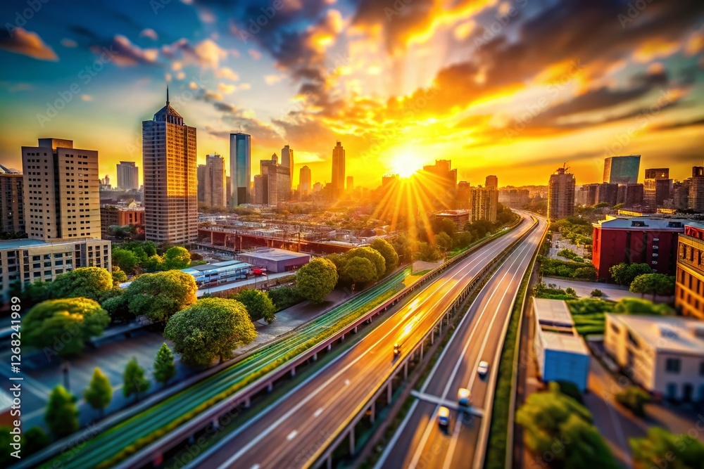 Fototapeta premium Miniature Cityscape with Dynamic Motion Blur and Golden Rays of Light