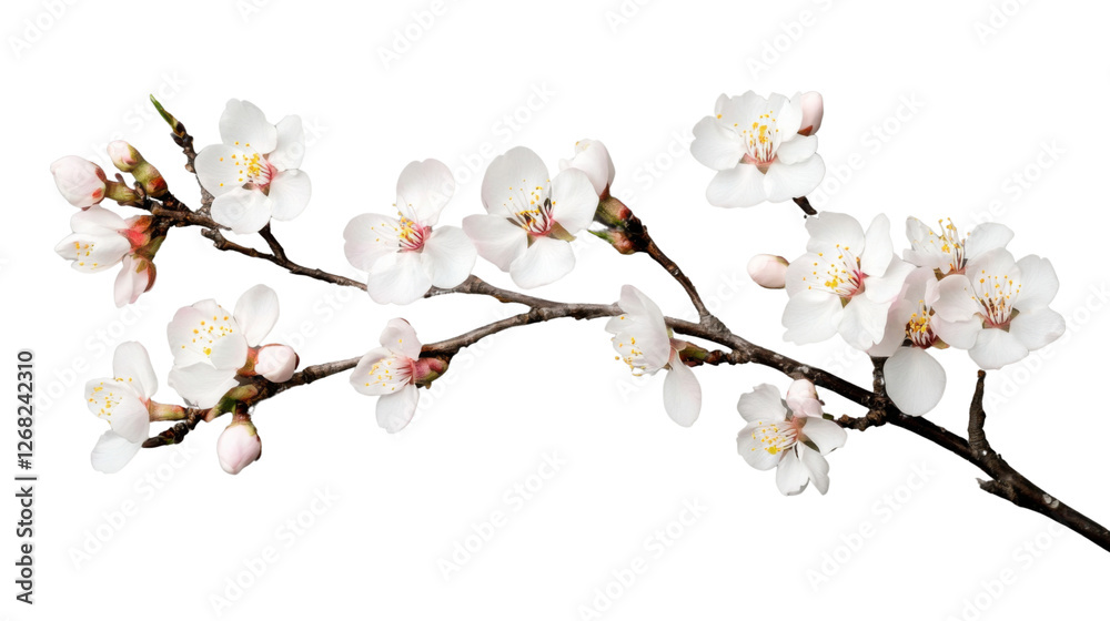 Blooming almond tree branch with delicate white flowers on transparent background Blooming almond tree branch with delicate white flowers on transparent background