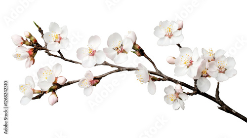 Blooming almond tree branch with delicate white flowers on transparent background