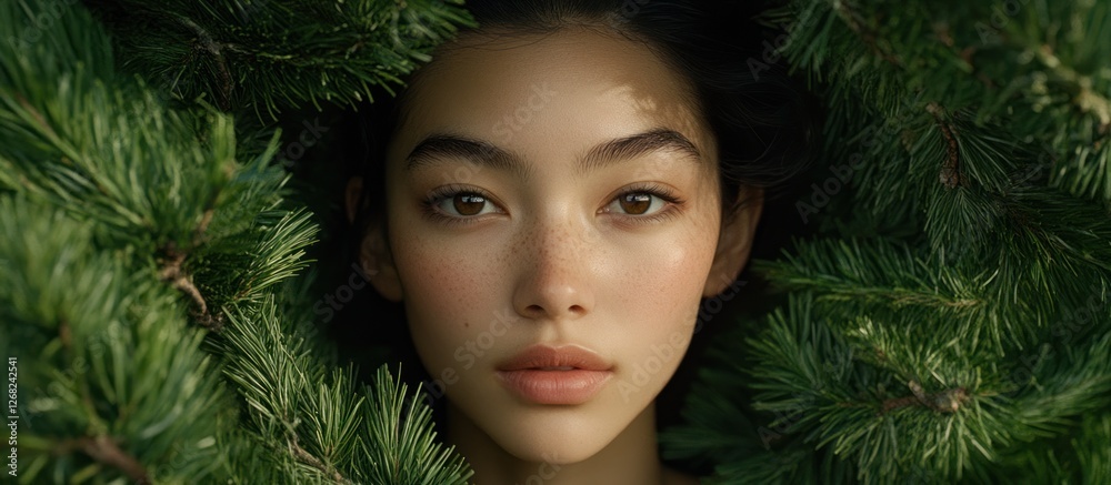 Woman's face surrounded by pine branches. Woman's face surrounded by pine branches.