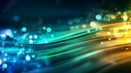 A vibrant abstract background featuring flowing waves of blue and gold with glowing bokeh lights, creating a dynamic and energetic atmosphere.