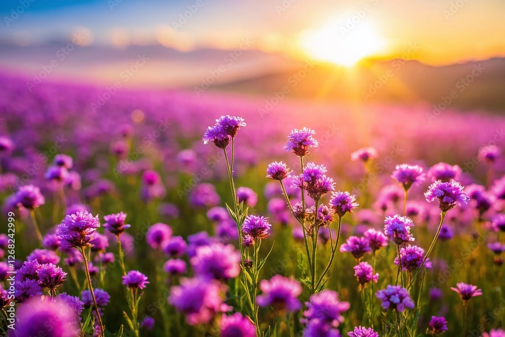Naklejka premium Miniature Purple Flower Field, Tilt-Shift Photography, Blooming Lavender, Spring Meadow, Idyllic Landscape