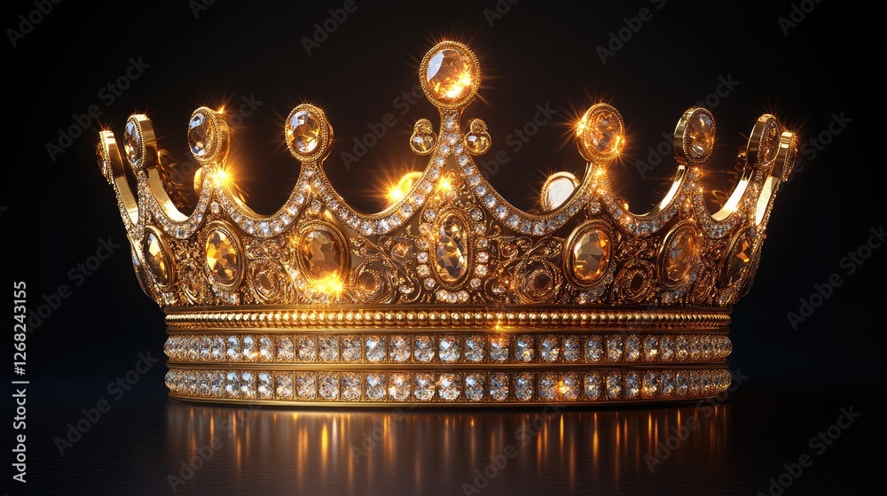 Fototapeta premium A luxurious golden crown adorned with sparkling jewels, showcased against a dark backdrop, exuding elegance