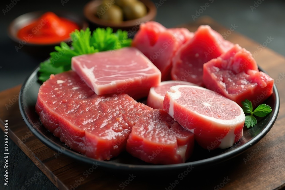 A variety of raw meats including beef, pork and lamb arranged on a plate, meat, beef, lamb A variety of raw meats including beef, pork and lamb arranged on a plate, meat, beef, lamb