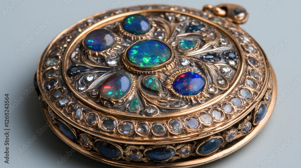 Fototapeta premium A vintage gold locket with embedded opals and intricate engravings