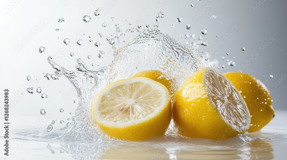 Whole lemons levitating with splashing water encircling them, set on a minimalist white background, providing copy space. Whole lemons levitating with splashing water encircling them, set on a minimalist white background, providing copy space.