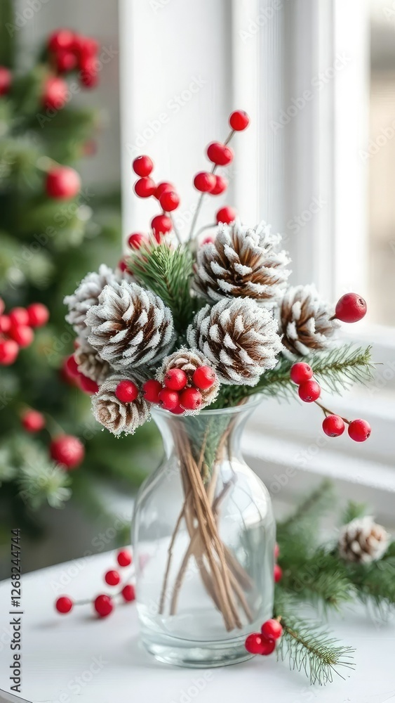 A glass vase filled with frosted pinecones and red berries, glass vase, Christmas, pine A glass vase filled with frosted pinecones and red berries, glass vase, Christmas, pine