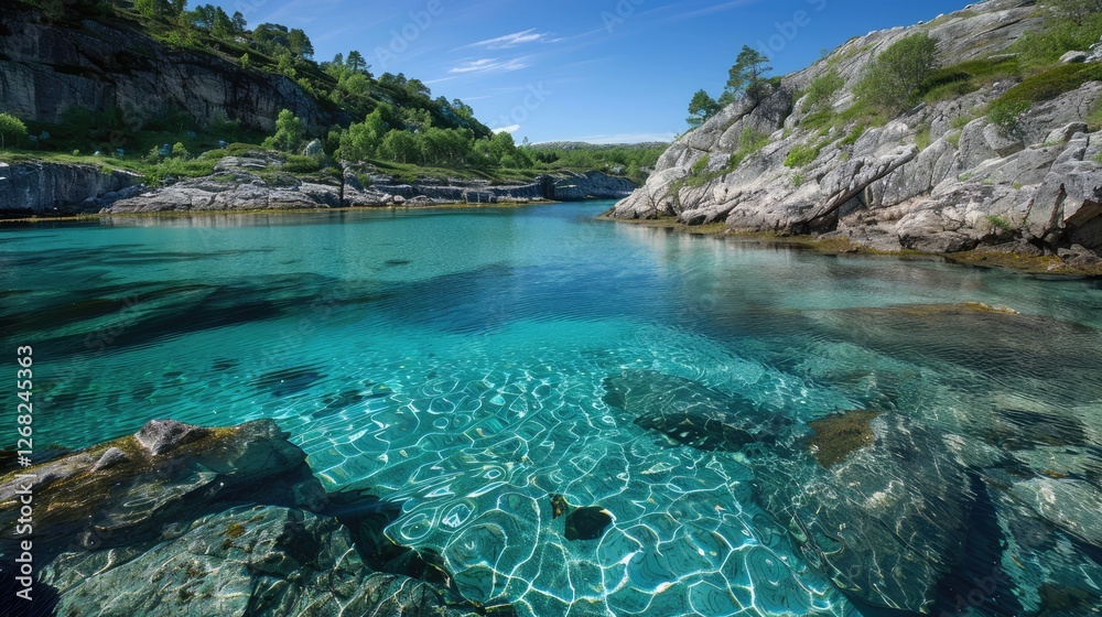 Serene turquoise waters reflecting sunlight amidst rocky cliffs and lush greenery in a tranquil natural landscape Serene turquoise waters reflecting sunlight amidst rocky cliffs and lush greenery in a tranquil natural landscape