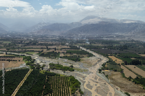Aerial view over Andes Mountains in Peru, in Nazca region. Scarce agriculture and rare patches of green.