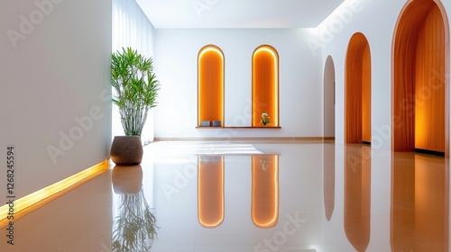 Minimalist interior space featuring arched doorways and plant decorations