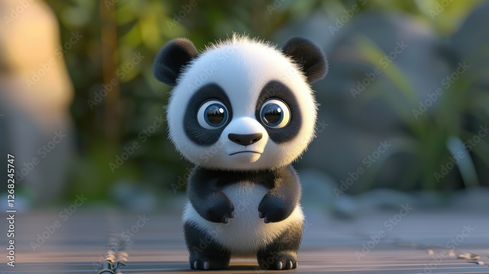 Cute cartoon panda stands in a serene garden, surrounded by lush greenery and soft sunlight, evoking joy Cute cartoon panda stands in a serene garden, surrounded by lush greenery and soft sunlight, evoking joy
