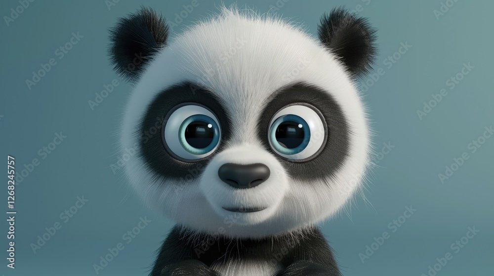 Cute animated panda character with large expressive eyes against a soft blue background, evoking joy and innocence Cute animated panda character with large expressive eyes against a soft blue background, evoking joy and innocence