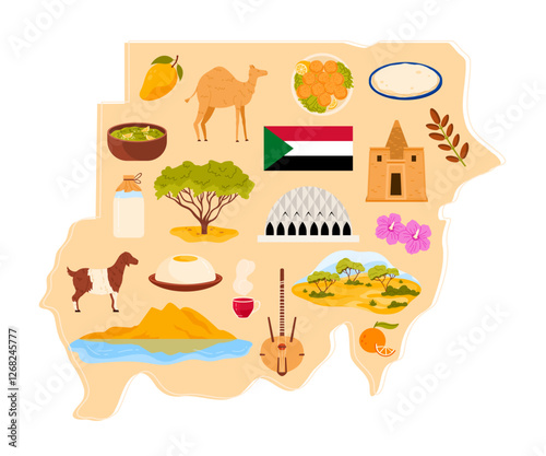 Travel to Sudan set, culture and food, animal and nature stickers on infographic stylized map. Sand dunes and savanna landscape with acacia trees, tambur, Nubian pyramids cartoon vector illustration