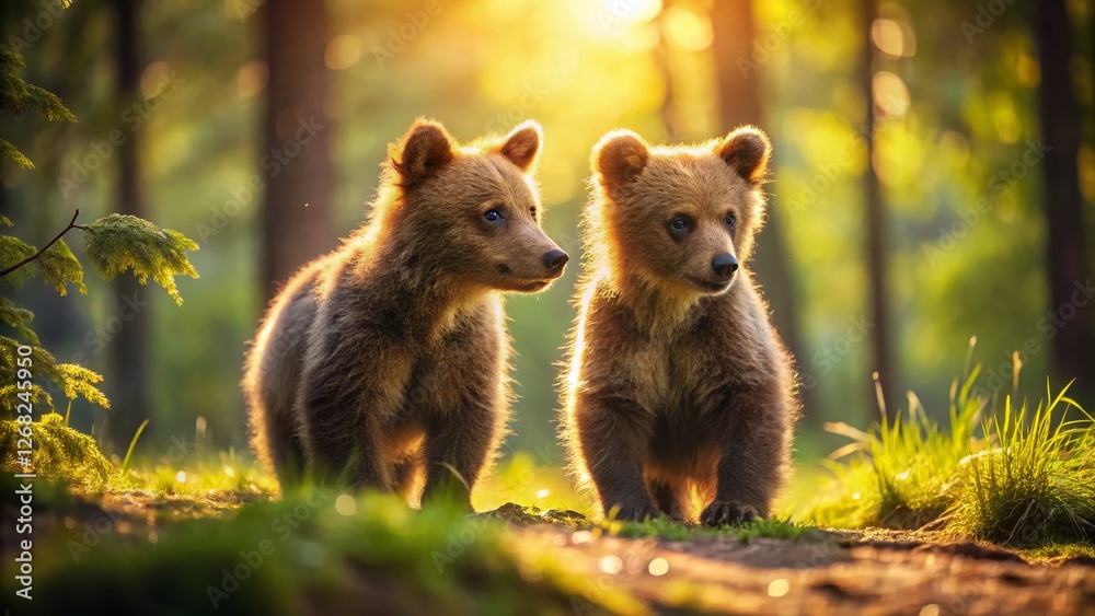 Fototapeta premium Minimalist Forest Exploration: Two Bear Cubs Discover Nature's Wonders