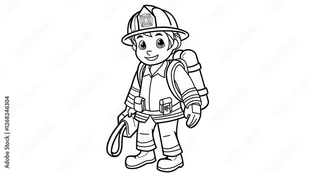 A cheerful young firefighter character in uniform, ready for action, with a hose and backpack, set against a simple background A cheerful young firefighter character in uniform, ready for action, with a hose and backpack, set against a simple background