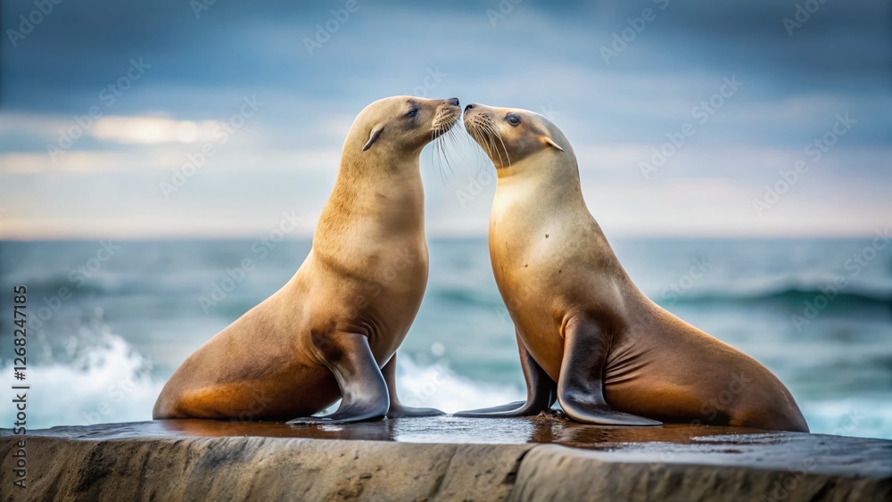 Fototapeta premium Minimalist Ocean Romance: Two Sea Lions Kissing on a Rock