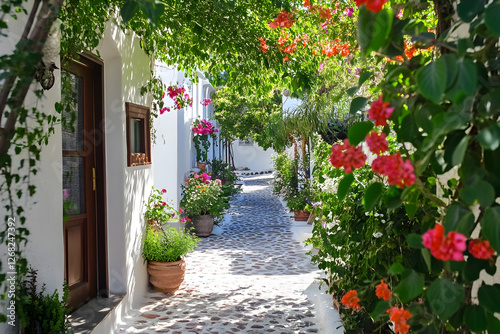 Flower-lined pathway through traditional Cycladic houses in Santorini