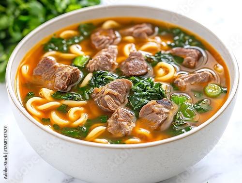 Hearty Beef Noodle Soup: A bowl of steaming hot beef noodle soup with tender beef chunks, springy noodles, and fresh greens,  presented in a rustic white bowl, ready to satisfy your cravings. 