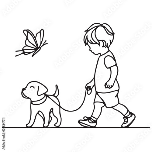 Boy walking his dog puppy. Line art.