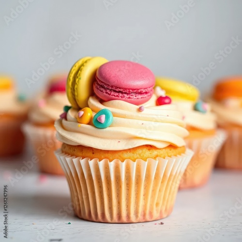 Colorful macaron decorations on a vanilla cupcake, dessert, pastries