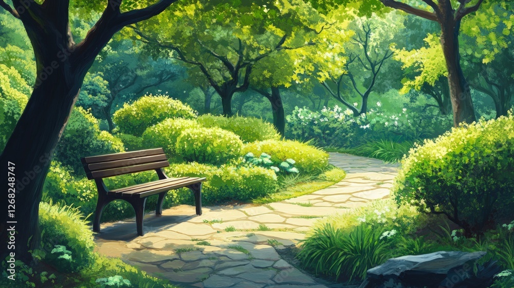 Fototapeta premium Sunlit park path, wooden bench, lush greenery.