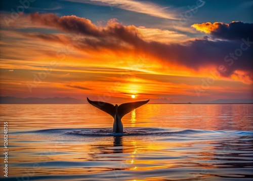 Minimalist Whale Tail Silhouette Ocean Sunset Stock Photo