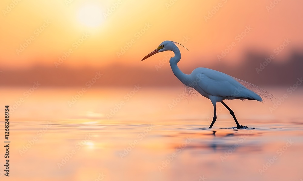 Naklejka premium an elegant white bird walking on the water surface,Generative AI