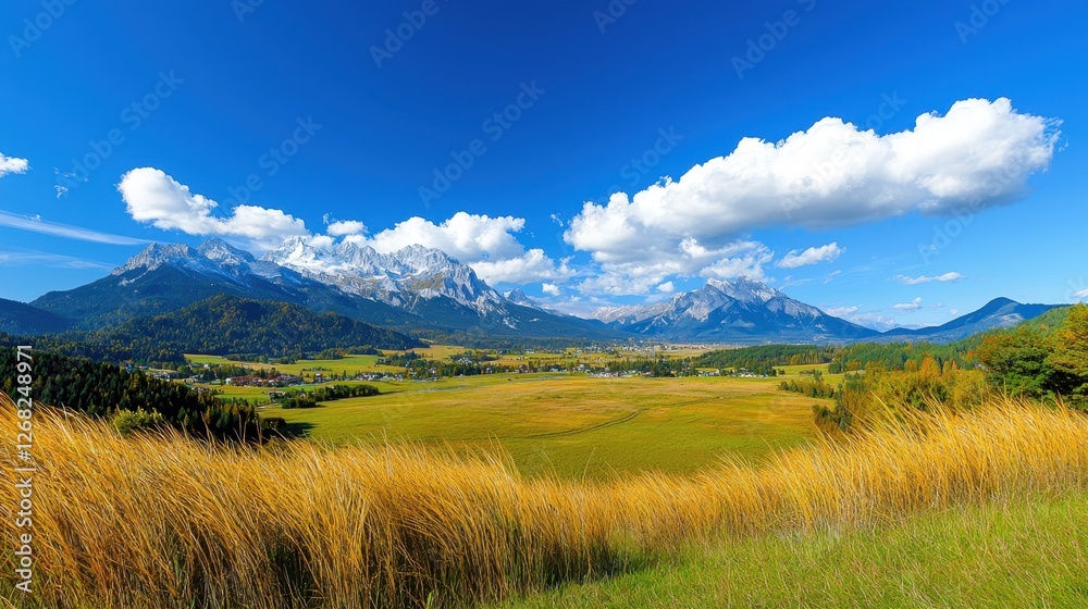 Scenic alpine valley view with snow capped mountains background Scenic alpine valley view with snow capped mountains background