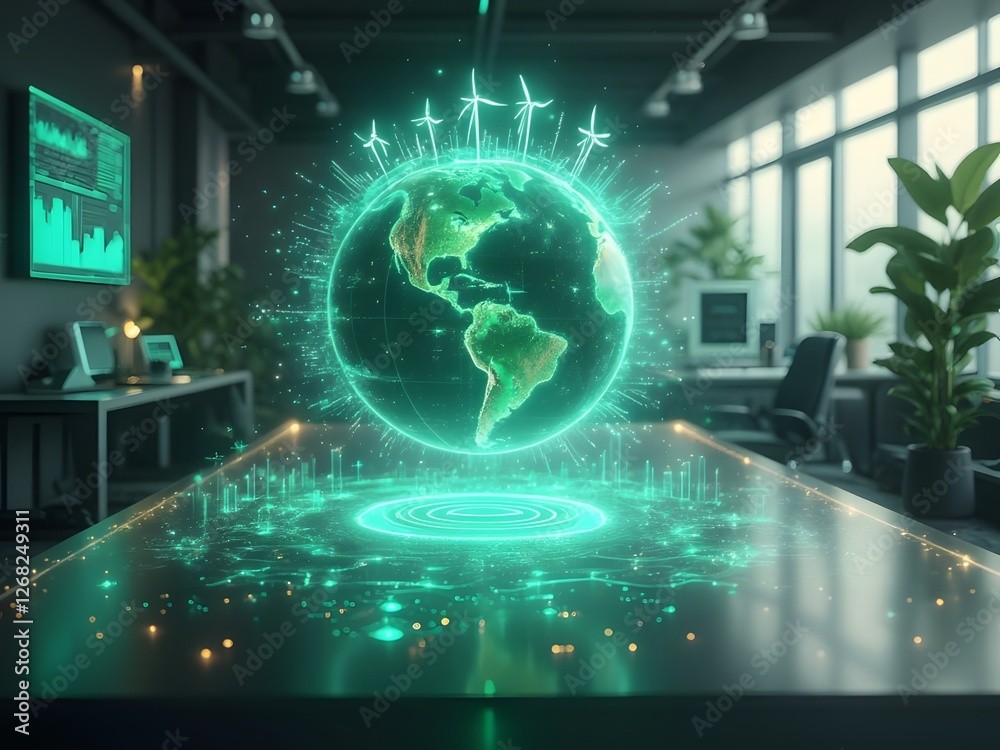 Obraz premium Overview of the future of business planning. Business growth with AI technology. Creative workplace. Solar energy. Wind turbines. Driving future success. Strategic planning for a sustainable future.
