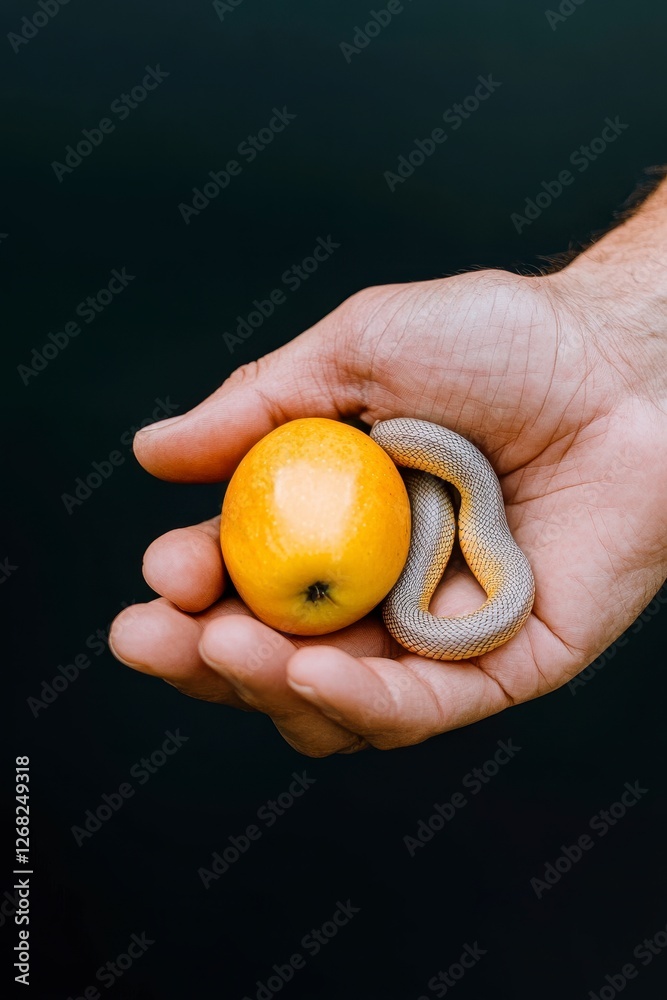 Hand Holding Snake and Yellow Fruit Against Dark Background Hand Holding Snake and Yellow Fruit Against Dark Background