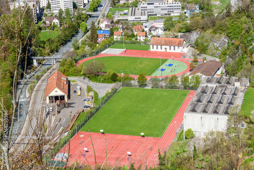 View form above of an outdoor sports centre on a sunny spring day