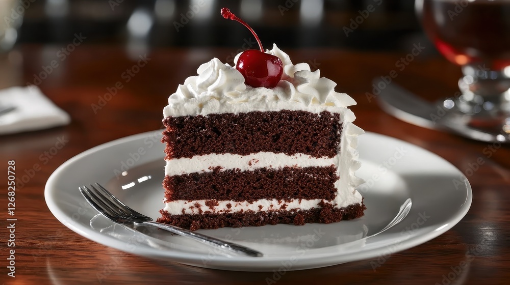 A slice of Black Forest cake, topped with fresh cherries and a generous amount of whipped cream. The rich layers of chocolate cake and cream contrast beautifully A slice of Black Forest cake, topped with fresh cherries and a generous amount of whipped cream. The rich layers of chocolate cake and cream contrast beautifully