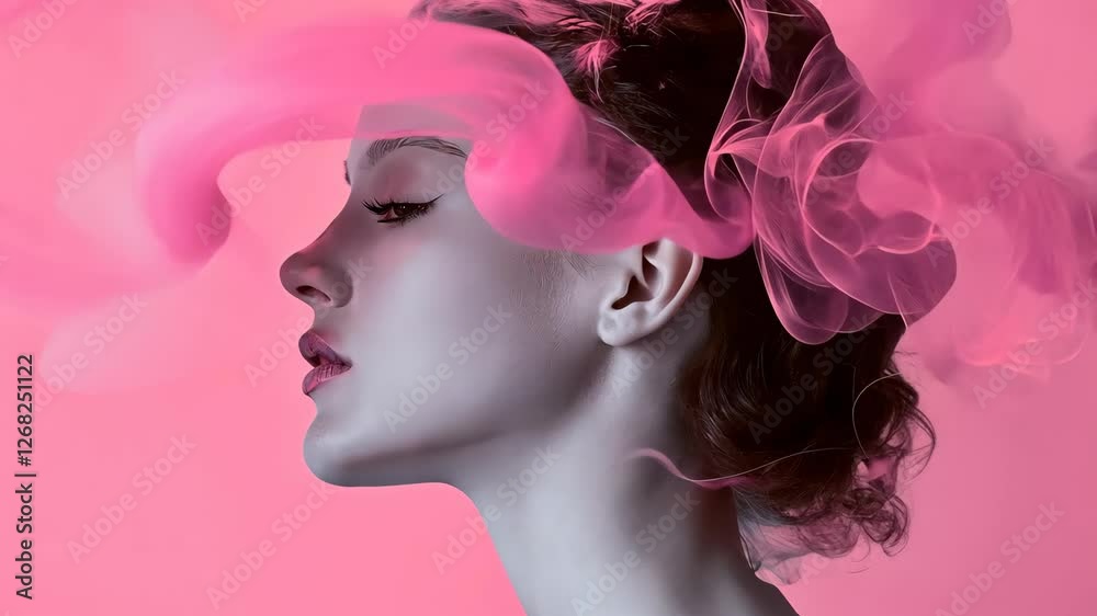 Stylish woman with elegant features posing against a vibrant pink background with swirling smoke Stylish woman with elegant features posing against a vibrant pink background with swirling smoke