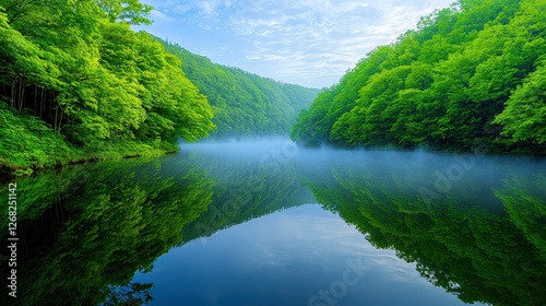 Serene Mist Shrouded Lake Between Lush Green Hills
