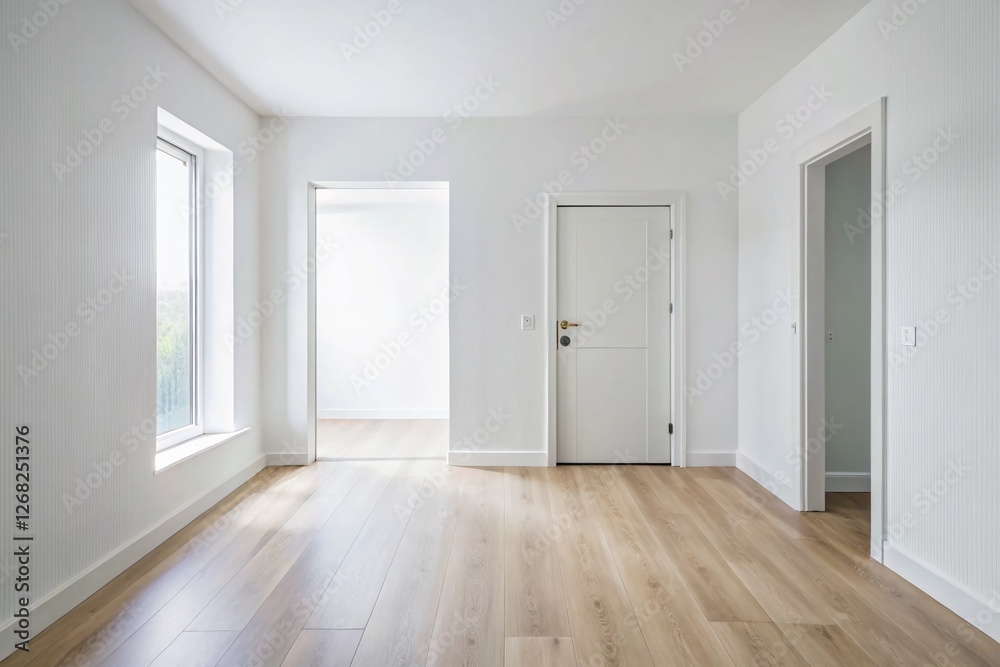 Obraz premium Modern Minimalist White Door Interior Stock Photo - Bright Room with Empty Wall Space