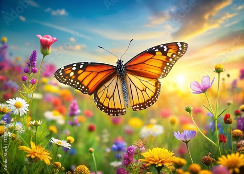 Monarch Butterfly on Flower Meadow - Vibrant Nature Stock Photo