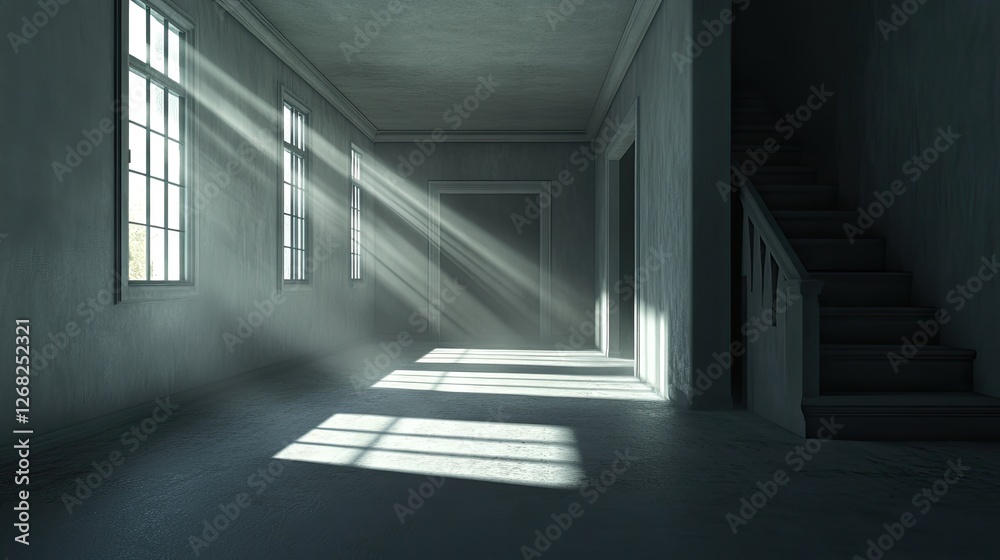 Obraz premium Sunbeams Streaming Through Windows in a Dusty Hallway