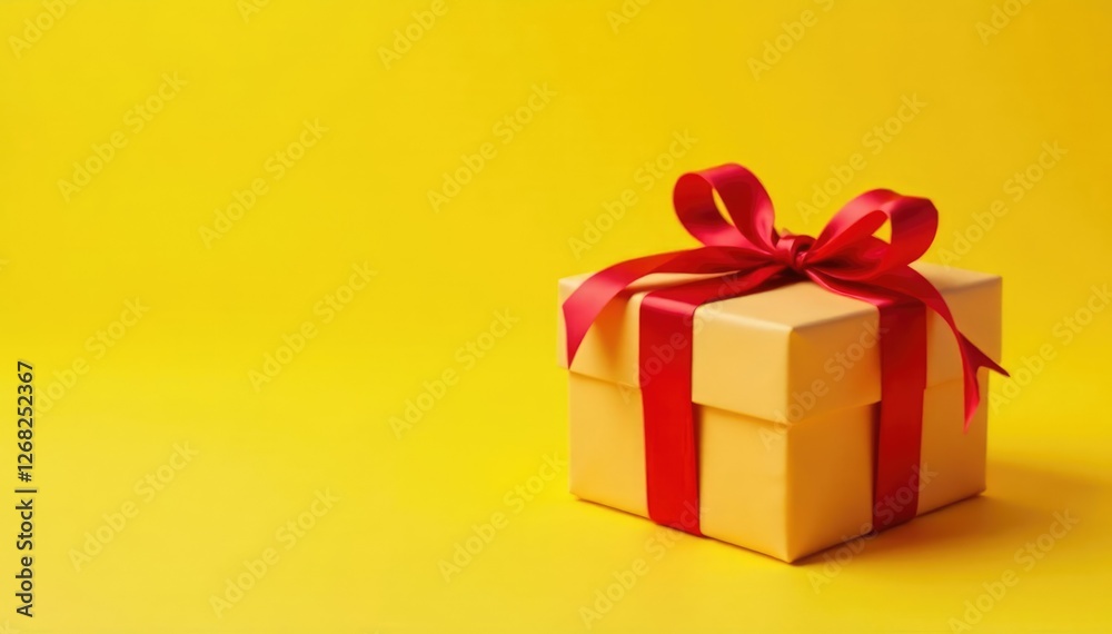 Fototapeta premium Delicate gift box wrapped in red ribbon against yellow backdrop, box, gift wrapping, luxury