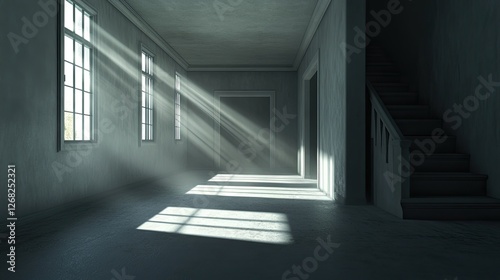Sunbeams Streaming Through Windows in a Dusty Hallway