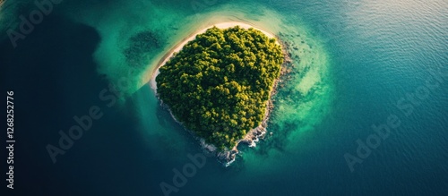 Aerial view of a lush green island in turquoise ocean.