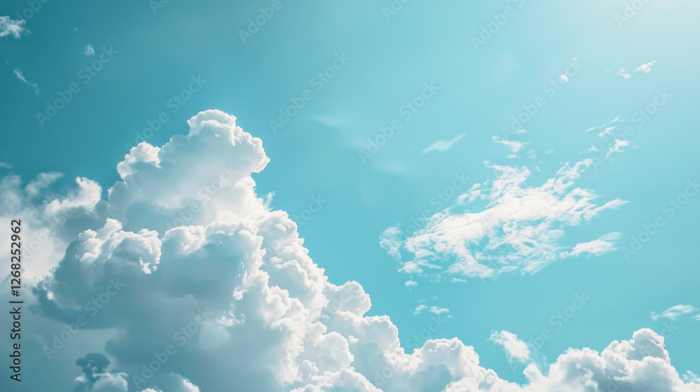 Bright blue sky with fluffy white clouds creating serene atmosphere. clouds vary in shape and size, enhancing beauty of clear day Bright blue sky with fluffy white clouds creating serene atmosphere. clouds vary in shape and size, enhancing beauty of clear day