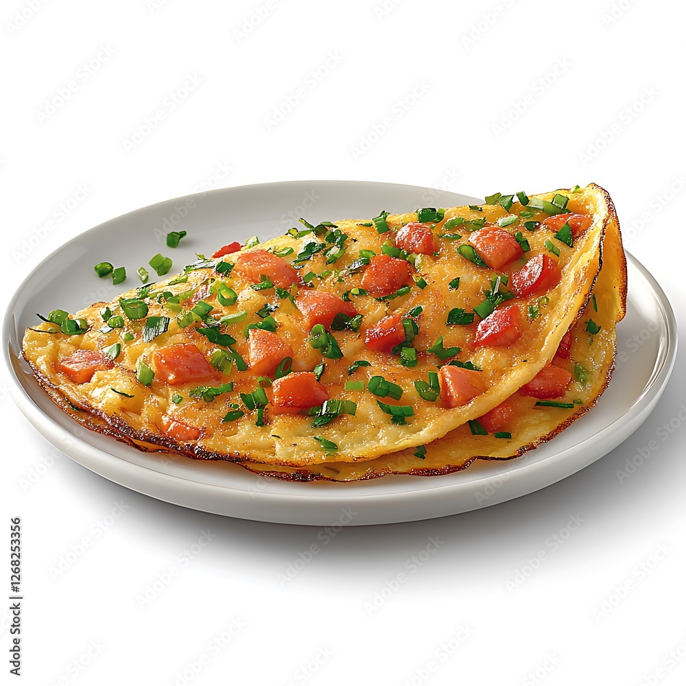 Delicious Omelette with Tomatoes and Chives: A fluffy omelette filled with juicy tomatoes and fresh chives, served on a simple plate. Perfect for a quick and healthy breakfast or brunch.