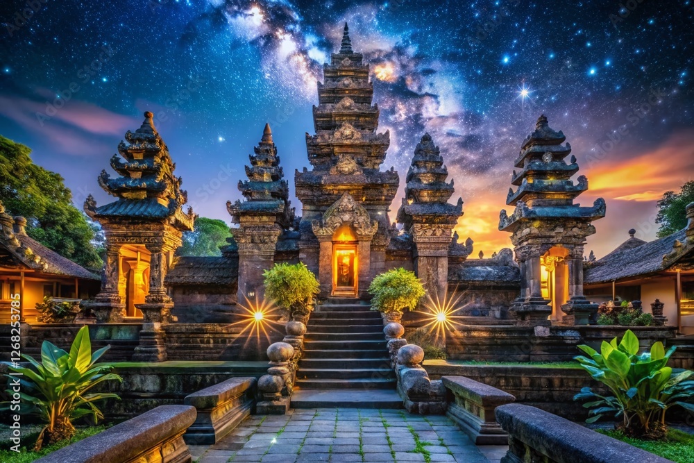 Fototapeta premium Mystical Night at Balinese Hindu Temple: Starry Sky over Ancient Architecture