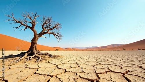 Desert landscape with dry cracked earth and dead tree, arid landscape, desert