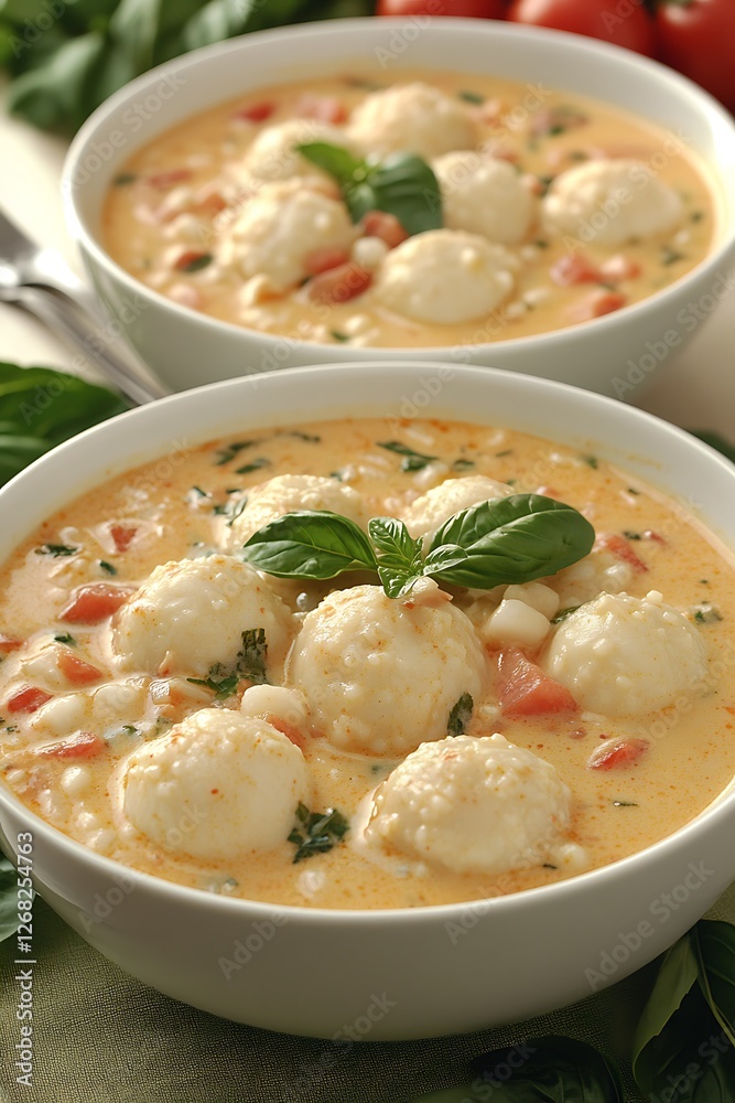 Creamy Tomato Soup with Cheese Dumplings: Two bowls of creamy tomato soup brimming with fluffy cheese dumplings, garnished with fresh basil leaves. A comforting and delicious meal. Creamy Tomato Soup with Cheese Dumplings: Two bowls of creamy tomato soup brimming with fluffy cheese dumplings, garnished with fresh basil leaves. A comforting and delicious meal.