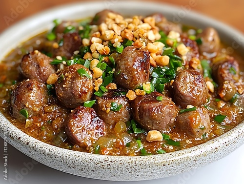 Spicy Peanut Meatballs: A delectable close-up shot of savory meatballs in a rich peanut sauce, garnished with chopped peanuts and spring onions. The aroma and flavors are practically palpable. photo