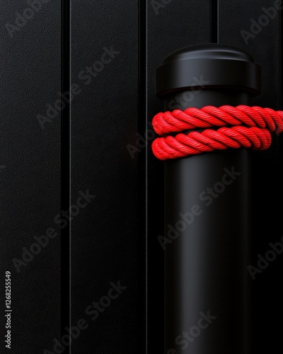 A close-up of a black post with a vibrant red rope accentuating its design. photo